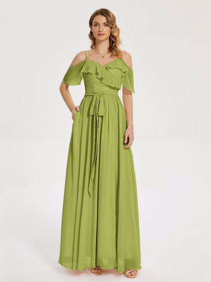 Thea Off the Shoulder Slit Chiffon Bridesmaid Dress