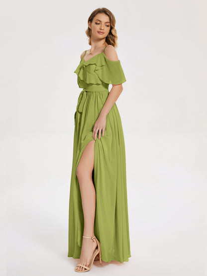 Thea Off the Shoulder Slit Chiffon Bridesmaid Dress