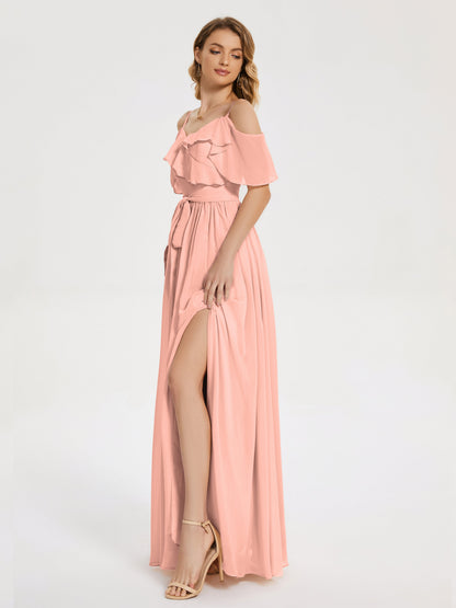 Thea Off the Shoulder Slit Chiffon Bridesmaid Dress