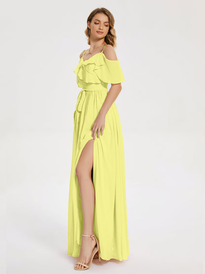 Thea Off the Shoulder Slit Chiffon Bridesmaid Dress