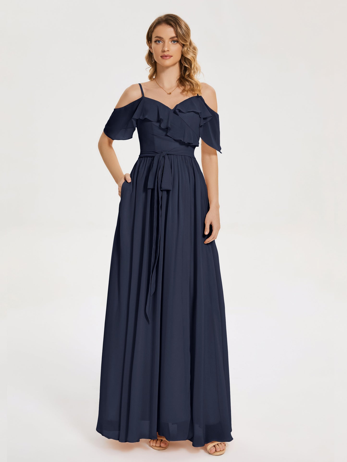 Thea Off the Shoulder Slit Chiffon Bridesmaid Dress