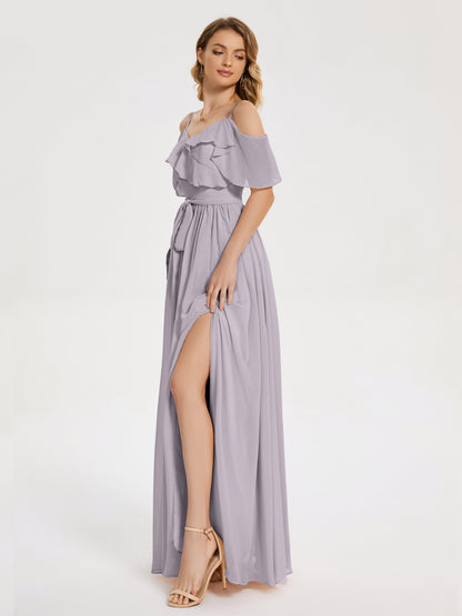 Thea Off the Shoulder Slit Chiffon Bridesmaid Dress
