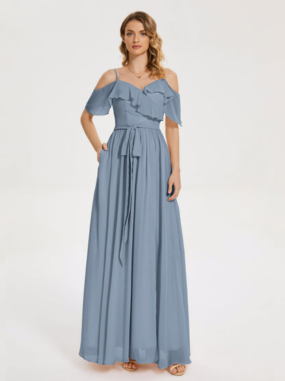 Thea Off the Shoulder Slit Chiffon Bridesmaid Dress