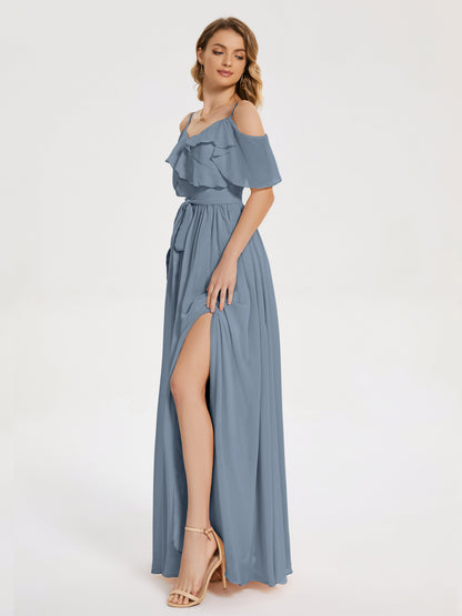 Thea Off the Shoulder Slit Chiffon Bridesmaid Dress