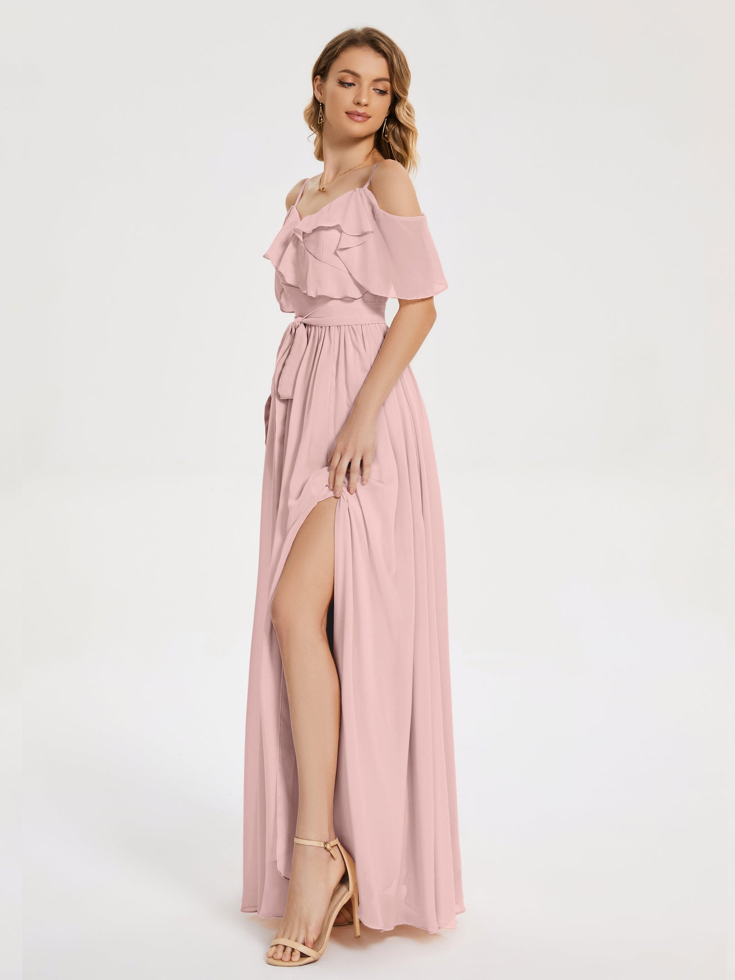 Thea Off the Shoulder Slit Chiffon Bridesmaid Dress