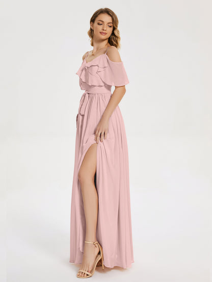 Thea Off the Shoulder Slit Chiffon Bridesmaid Dress