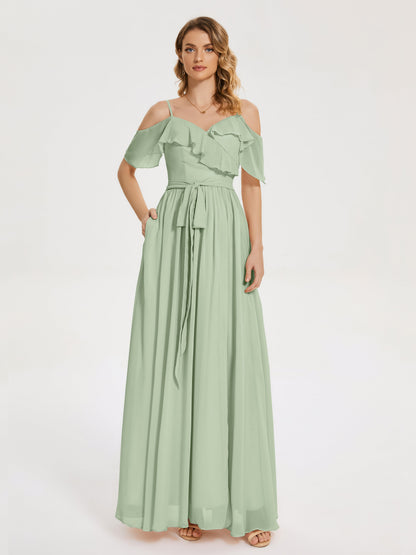 Thea Off the Shoulder Slit Chiffon Bridesmaid Dress