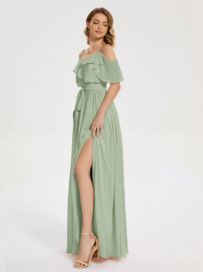 Thea Off the Shoulder Slit Chiffon Bridesmaid Dress