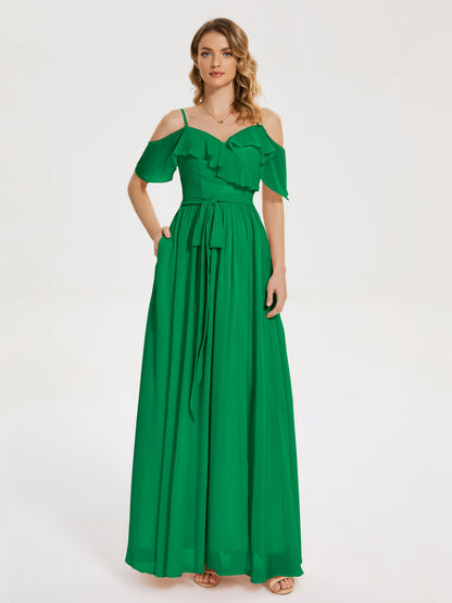 Thea Off the Shoulder Slit Chiffon Bridesmaid Dress