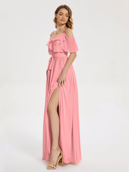 Thea Off the Shoulder Slit Chiffon Bridesmaid Dress
