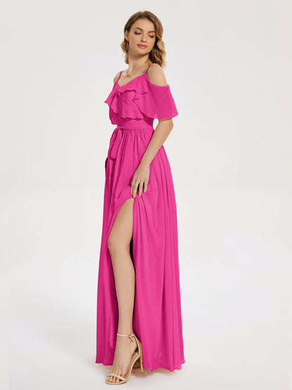 Thea Off the Shoulder Slit Chiffon Bridesmaid Dress