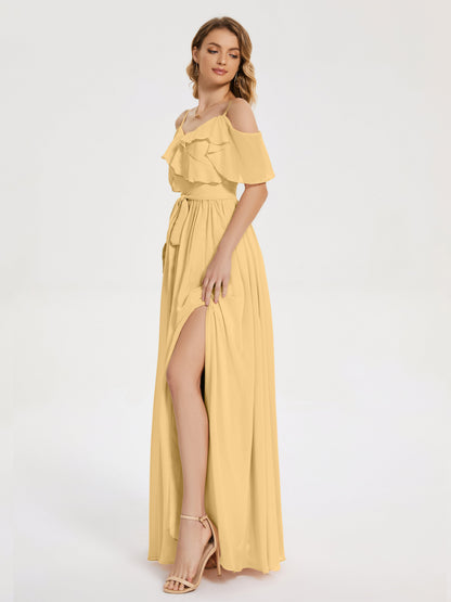 Thea Off the Shoulder Slit Chiffon Bridesmaid Dress
