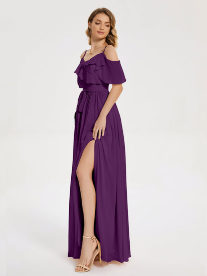 Thea Off the Shoulder Slit Chiffon Bridesmaid Dress