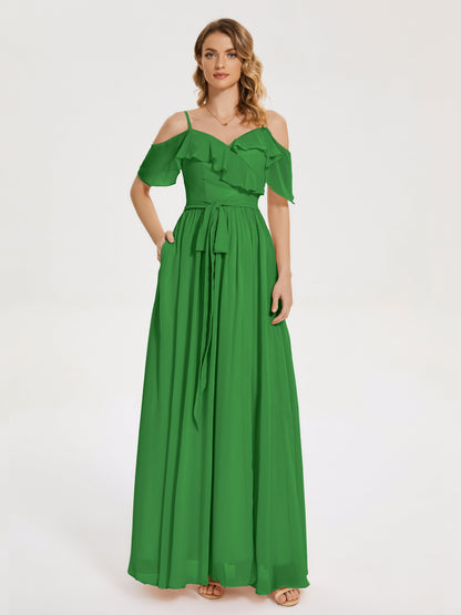 Thea Off the Shoulder Slit Chiffon Bridesmaid Dress