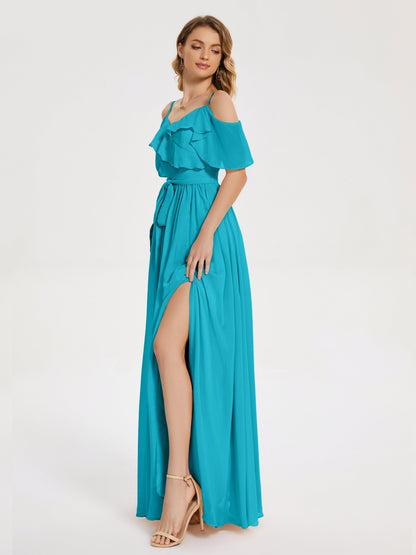 Thea Off the Shoulder Slit Chiffon Bridesmaid Dress