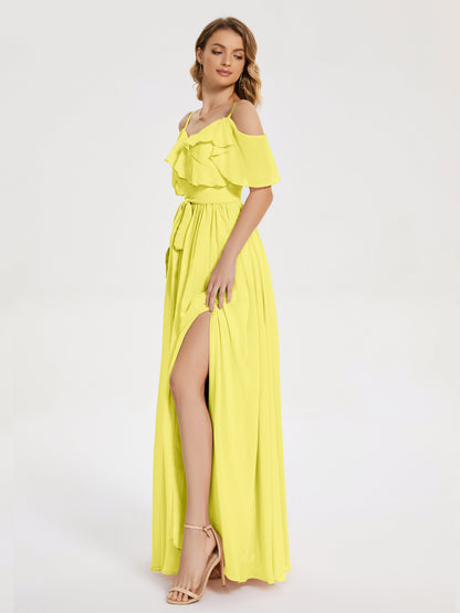 Thea Off the Shoulder Slit Chiffon Bridesmaid Dress
