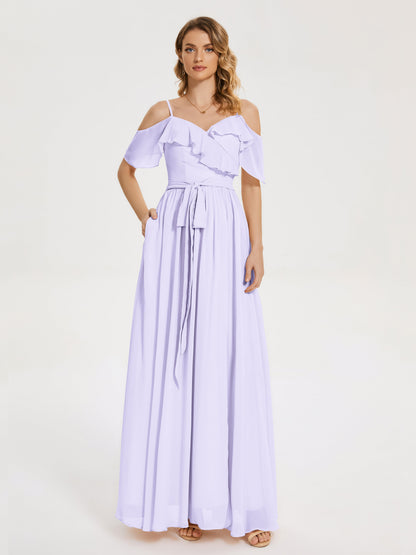 Thea Off the Shoulder Slit Chiffon Bridesmaid Dress