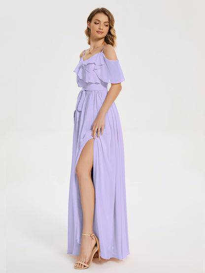 Thea Off the Shoulder Slit Chiffon Bridesmaid Dress