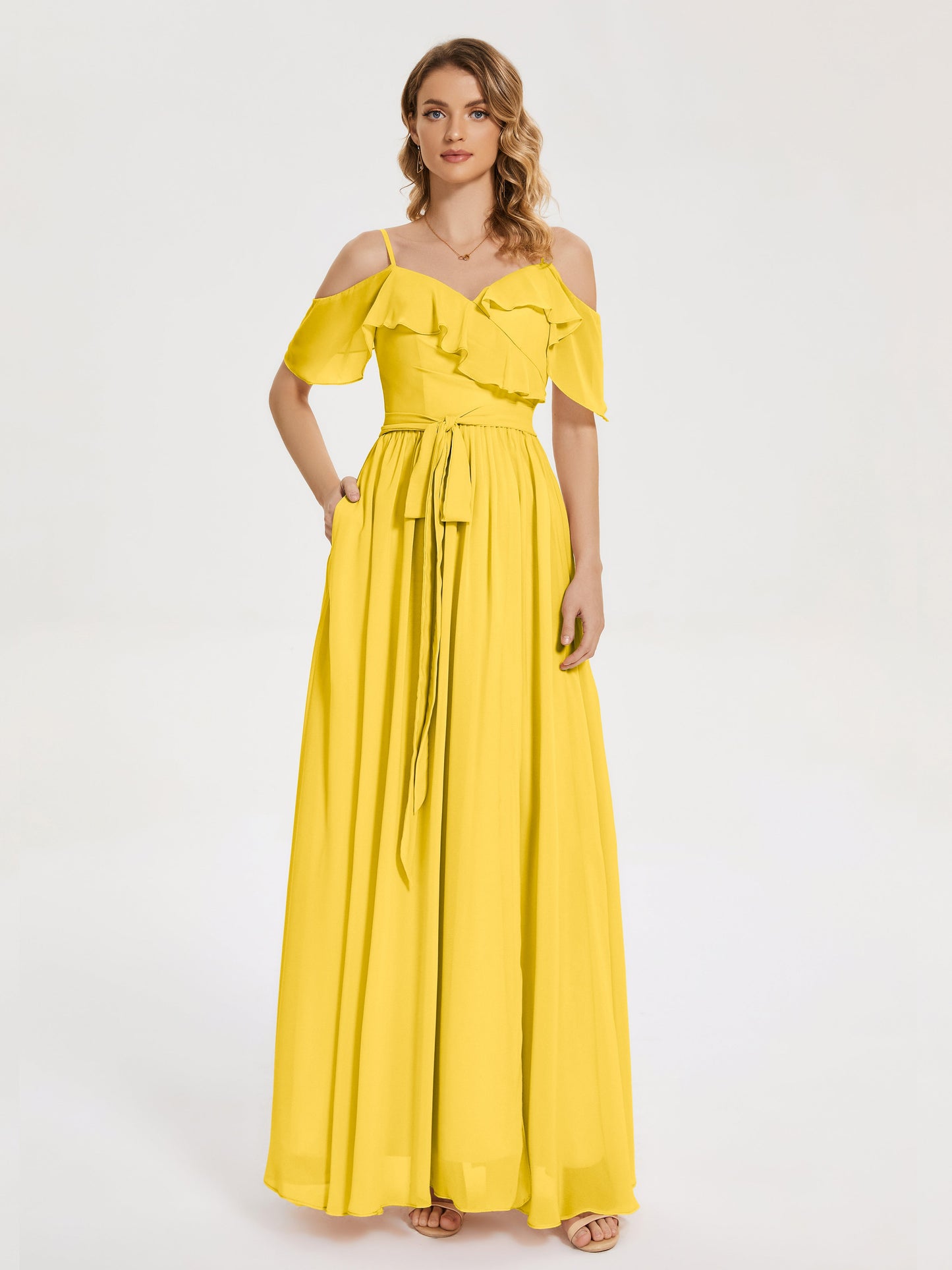 Thea Off the Shoulder Slit Chiffon Bridesmaid Dress