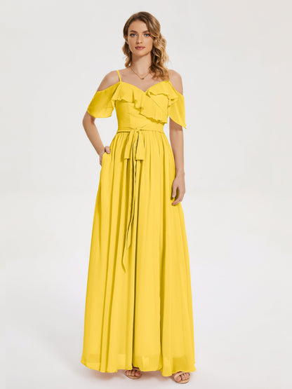 Thea Off the Shoulder Slit Chiffon Bridesmaid Dress