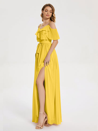 Thea Off the Shoulder Slit Chiffon Bridesmaid Dress