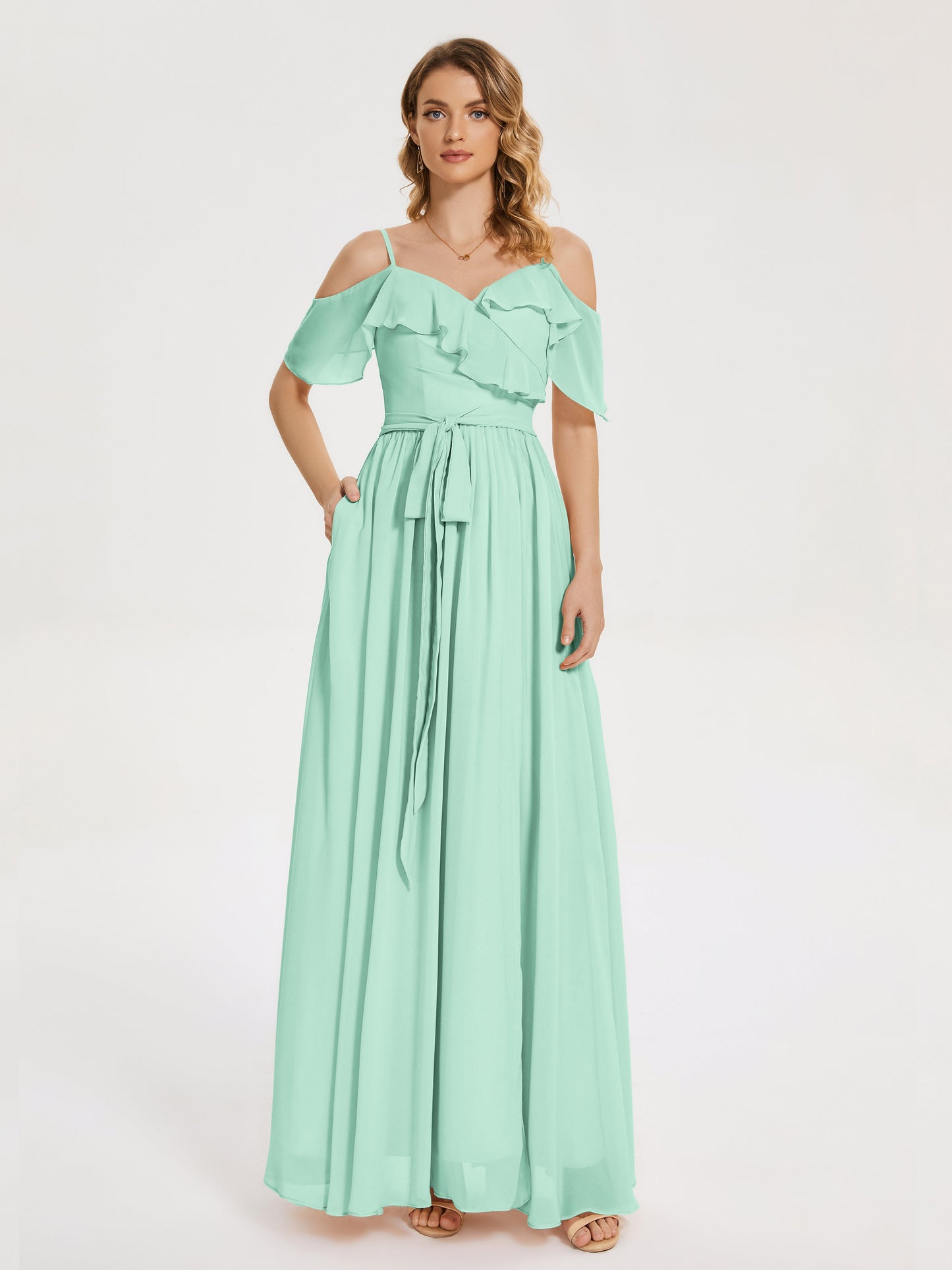 Thea Off the Shoulder Slit Chiffon Bridesmaid Dress