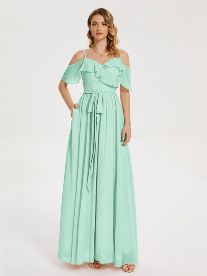 Thea Off the Shoulder Slit Chiffon Bridesmaid Dress