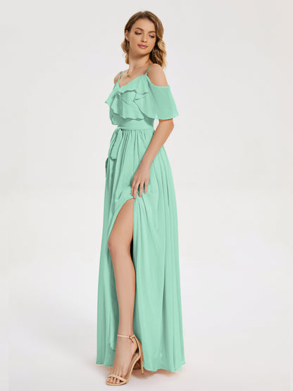 Thea Off the Shoulder Slit Chiffon Bridesmaid Dress