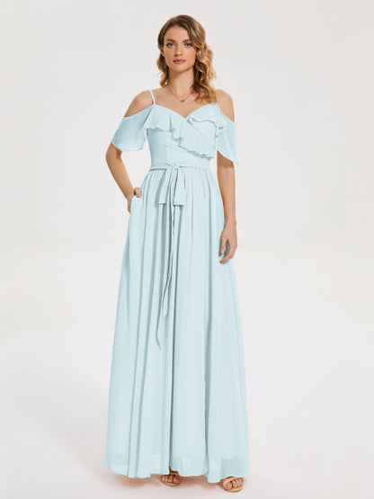 Thea Off the Shoulder Slit Chiffon Bridesmaid Dress