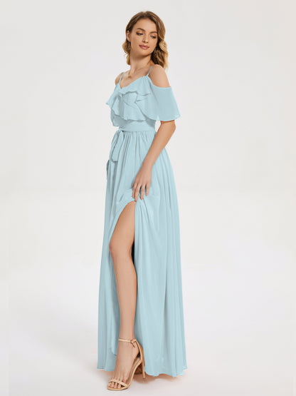 Thea Off the Shoulder Slit Chiffon Bridesmaid Dress