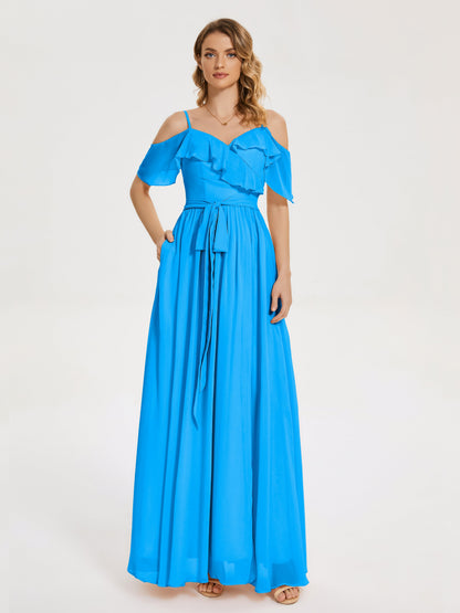 Thea Off the Shoulder Slit Chiffon Bridesmaid Dress