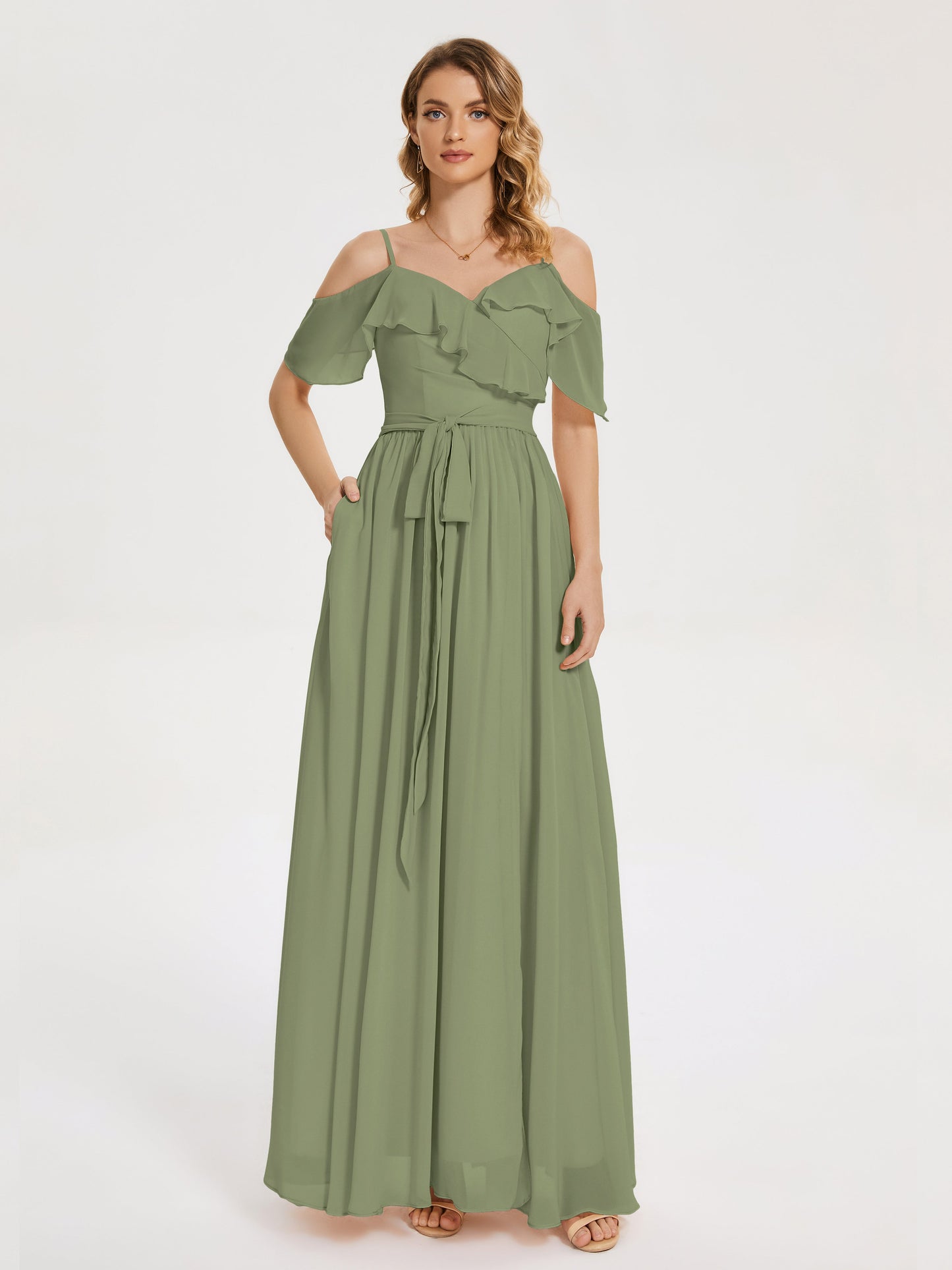 Thea Off the Shoulder Slit Chiffon Bridesmaid Dress