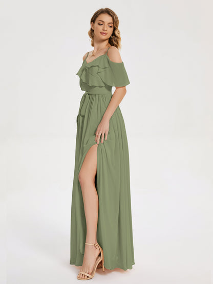 Thea Off the Shoulder Slit Chiffon Bridesmaid Dress