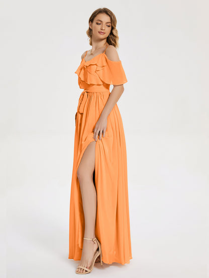 Thea Off the Shoulder Slit Chiffon Bridesmaid Dress