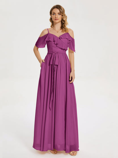 Thea Off the Shoulder Slit Chiffon Bridesmaid Dress