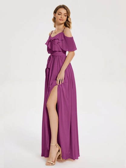 Thea Off the Shoulder Slit Chiffon Bridesmaid Dress