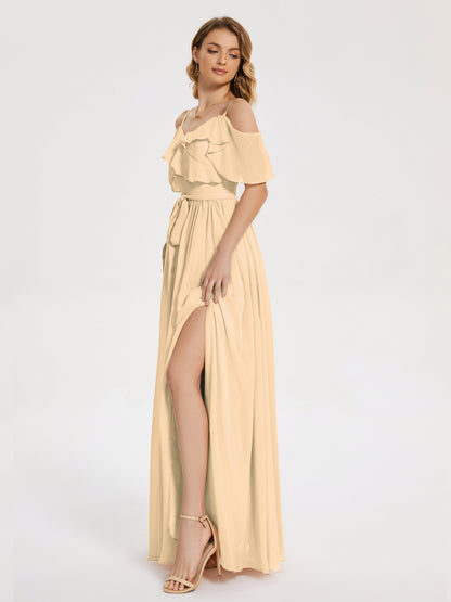 Thea Off the Shoulder Slit Chiffon Bridesmaid Dress