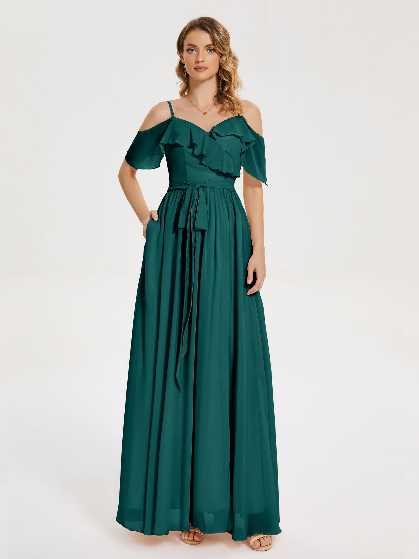Thea Off the Shoulder Slit Chiffon Bridesmaid Dress