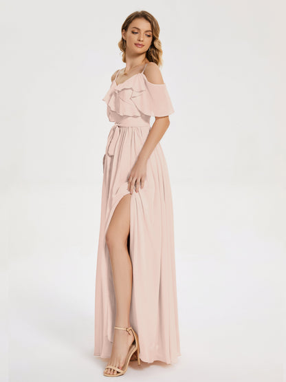 Thea Off the Shoulder Slit Chiffon Bridesmaid Dress