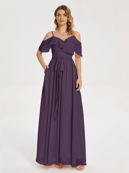 Thea Off the Shoulder Slit Chiffon Bridesmaid Dress