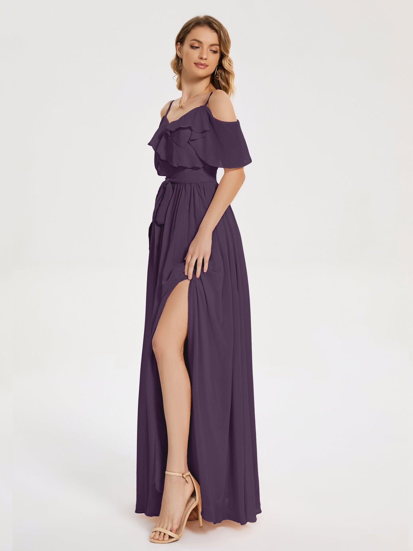 Thea Off the Shoulder Slit Chiffon Bridesmaid Dress