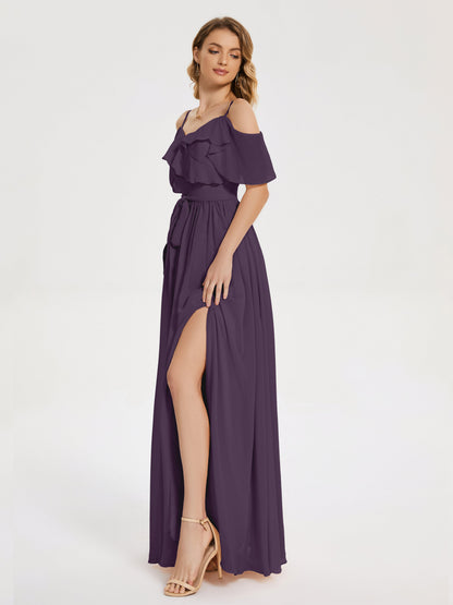 Thea Off the Shoulder Slit Chiffon Bridesmaid Dress