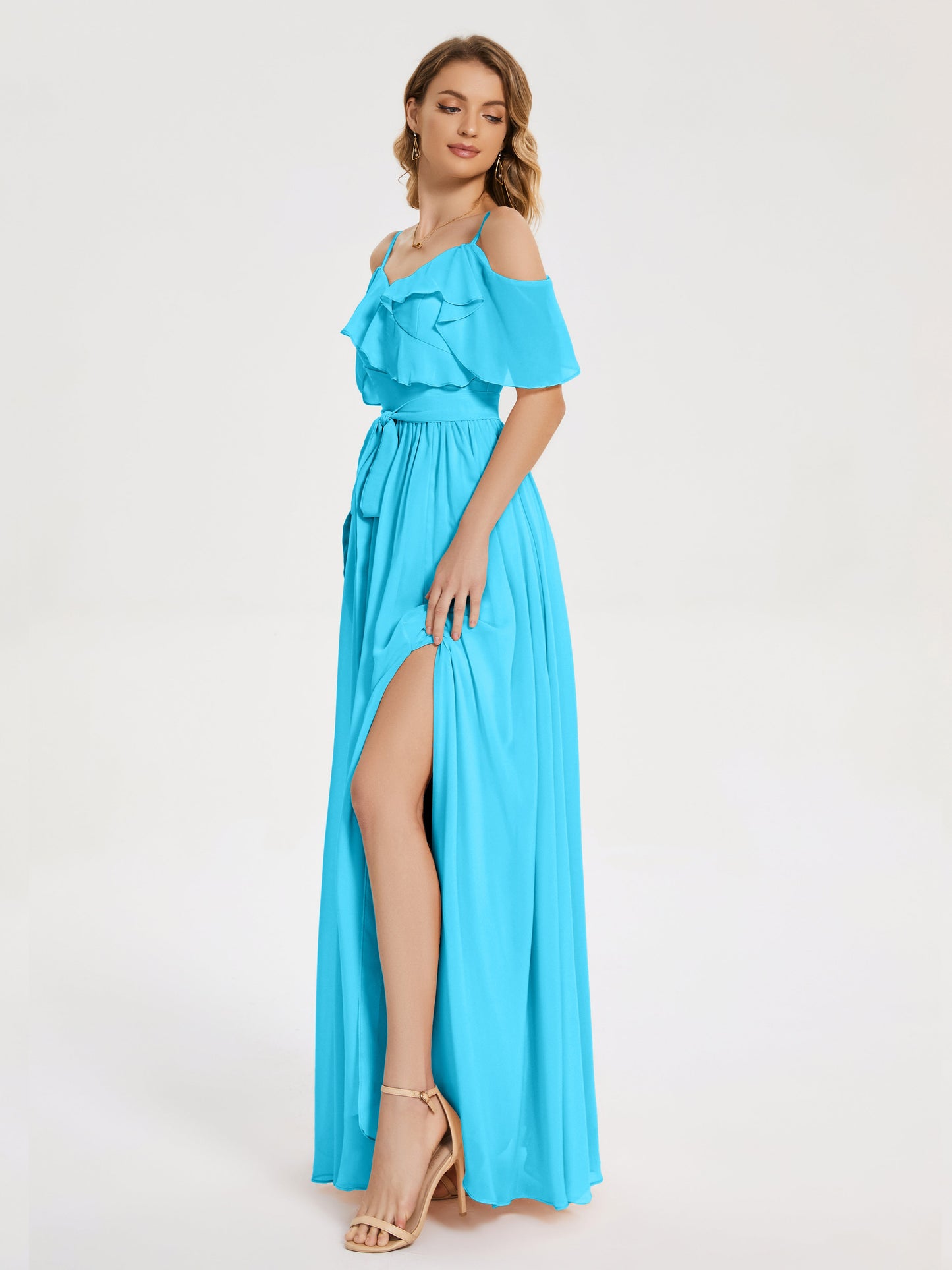 Thea Off the Shoulder Slit Chiffon Bridesmaid Dress