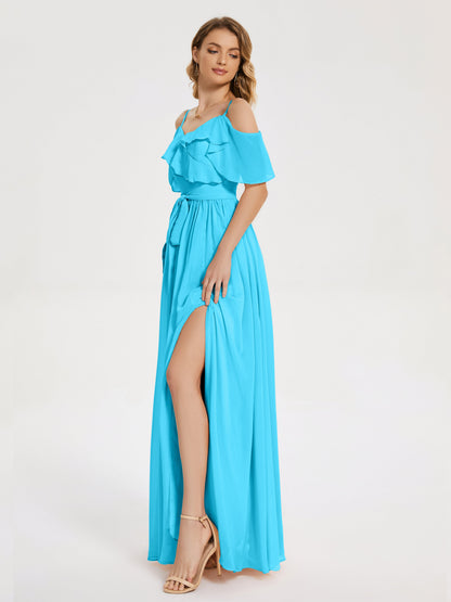 Thea Off the Shoulder Slit Chiffon Bridesmaid Dress