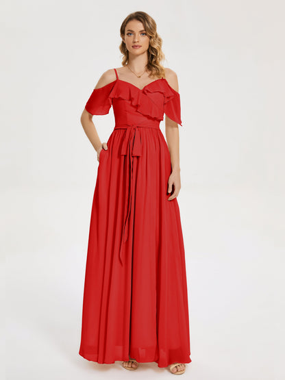 Thea Off the Shoulder Slit Chiffon Bridesmaid Dress