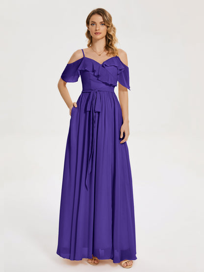 Thea Off the Shoulder Slit Chiffon Bridesmaid Dress