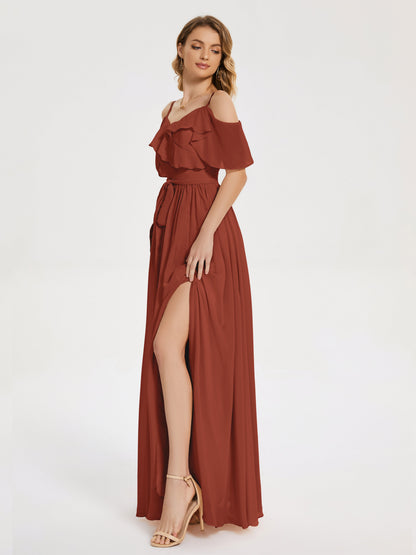 Thea Off the Shoulder Slit Chiffon Bridesmaid Dress