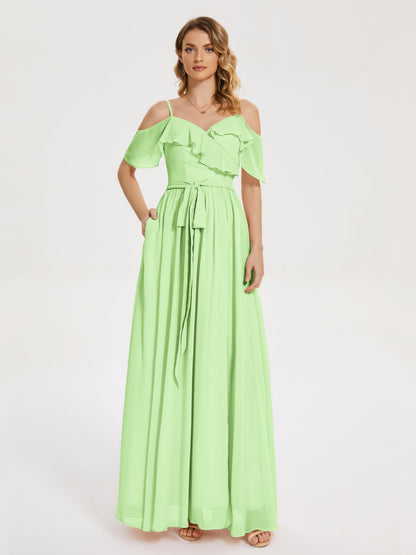 Thea Off the Shoulder Slit Chiffon Bridesmaid Dress