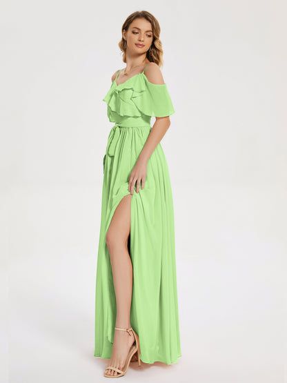 Thea Off the Shoulder Slit Chiffon Bridesmaid Dress