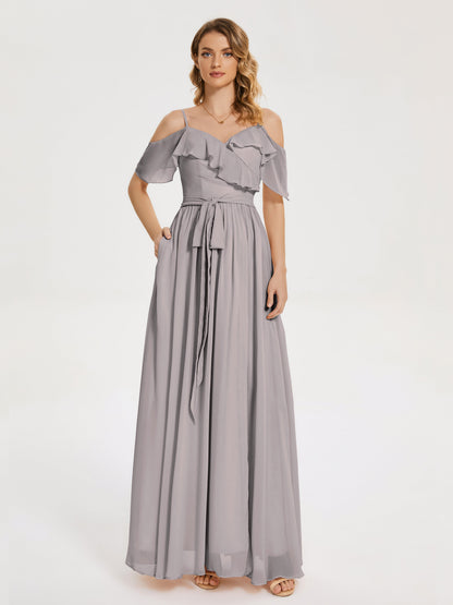 Thea Off the Shoulder Slit Chiffon Bridesmaid Dress
